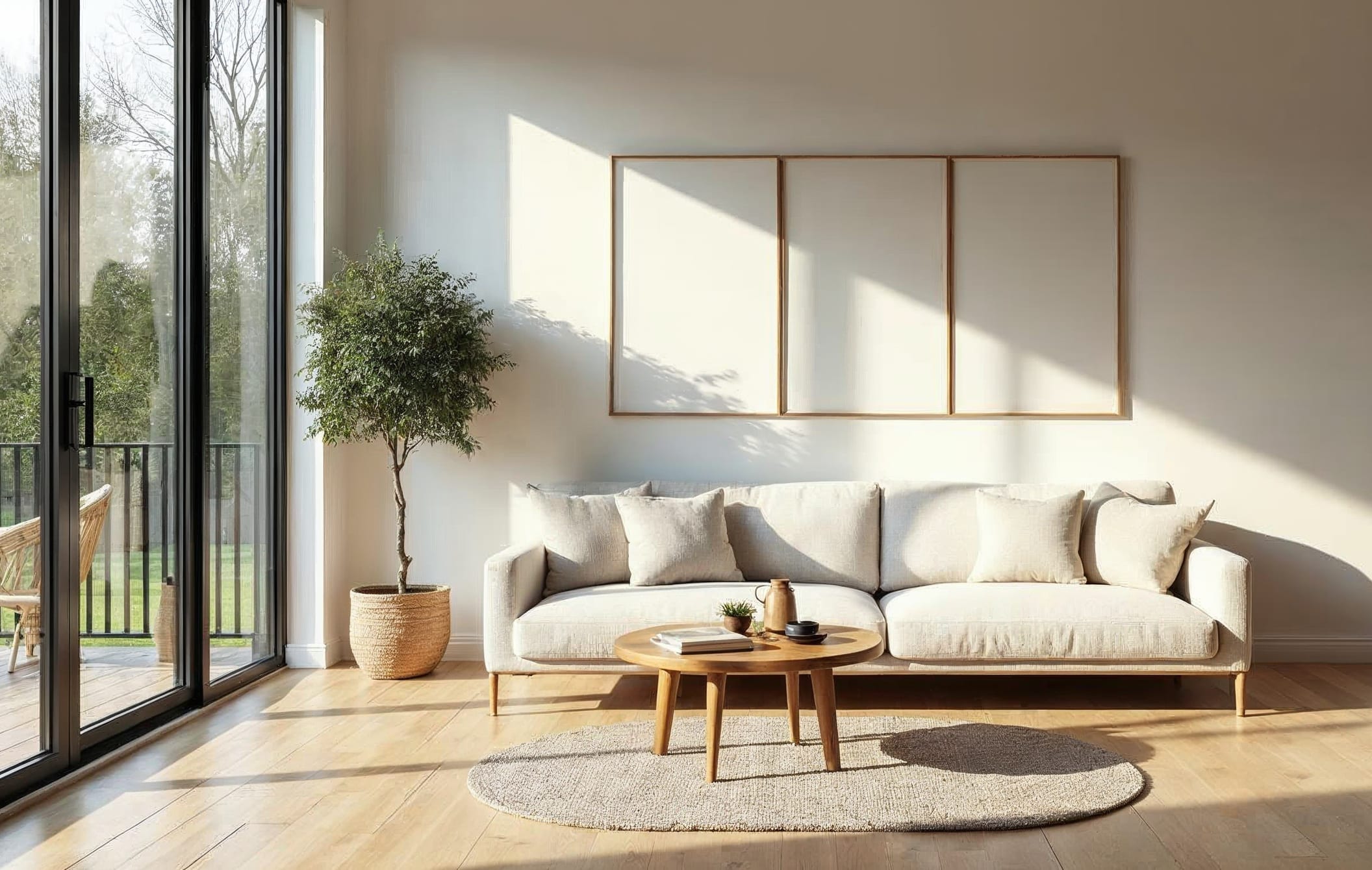 Bright living room with warm oak plank flooring, a cream sofa and large garden windows